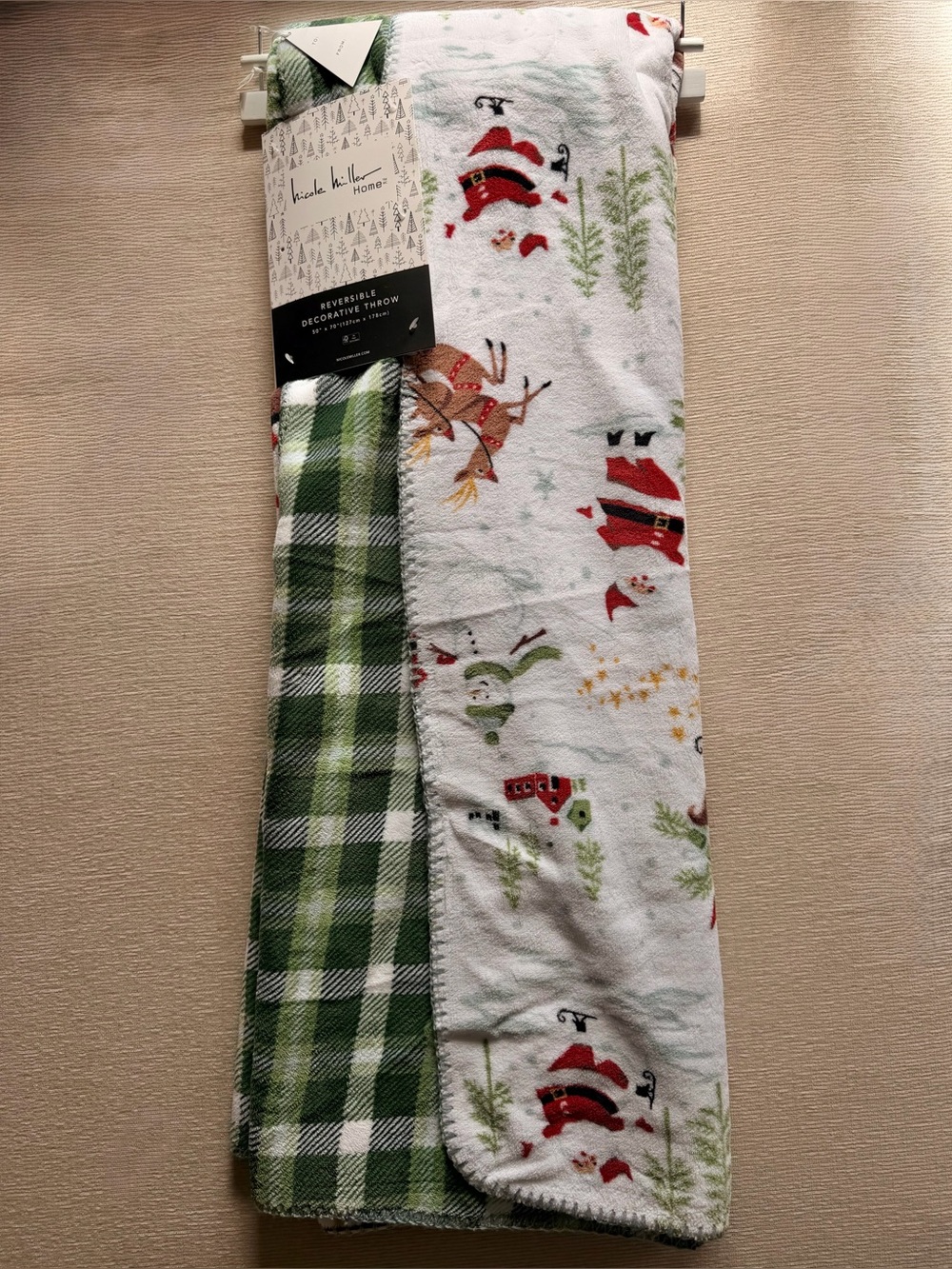Nicole Miller Green gingham Santa snowman bow tree reindeer Christmas Throw